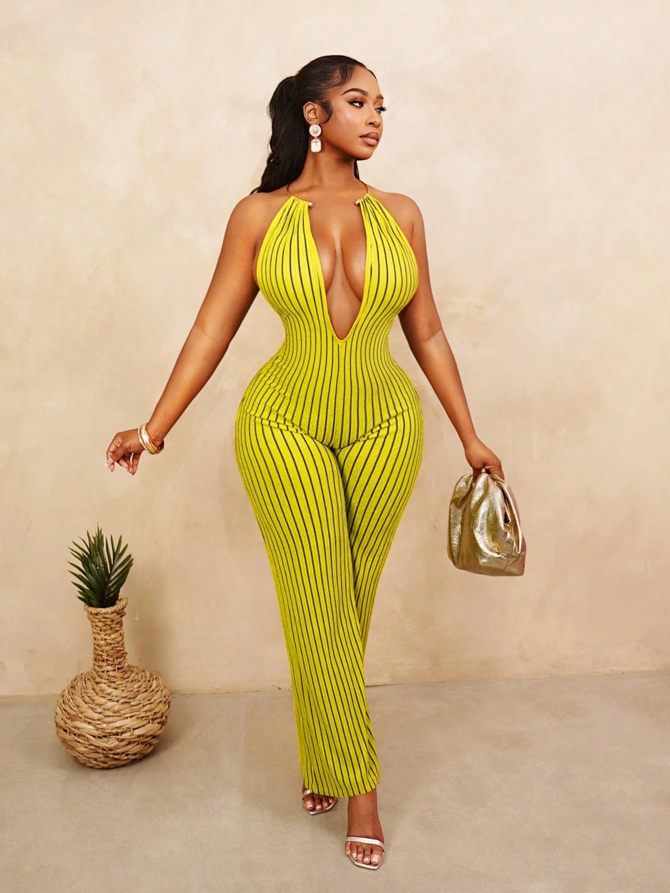 Women's Striped Backless Halter Jumpsuit