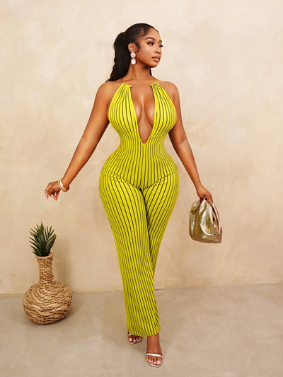 Women's Striped Backless Halter Jumpsuit