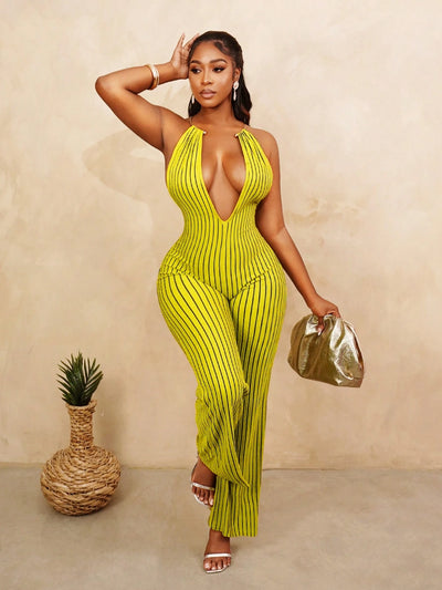 Women's Striped Backless Halter Jumpsuit