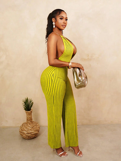 Women's Striped Backless Halter Jumpsuit