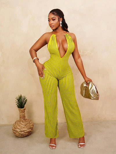 Women's Striped Backless Halter Jumpsuit