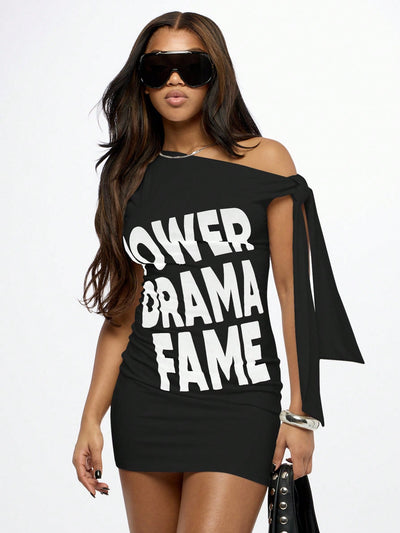 Chic Off Shoulder Graphic Mini Dress
