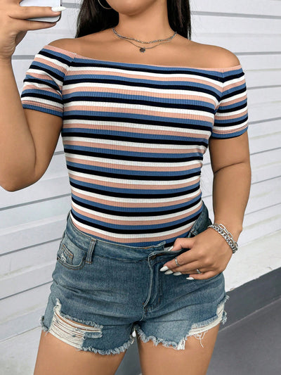 Vibrant Plus-Size Rainbow Striped Off-The-Shoulder Tee