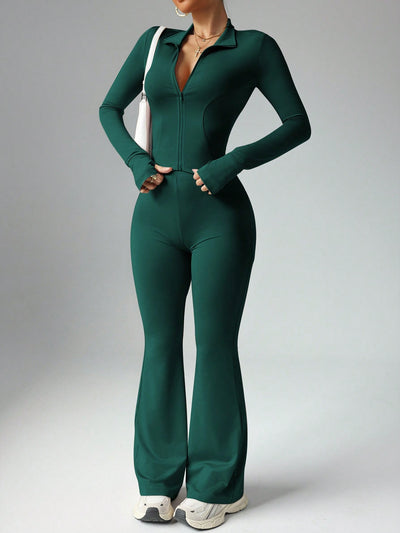 Elegant Dark Green Zip-Up Jacket & Flared Pants Set