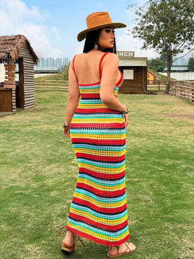 Vibrant Plus Size Rainbow Striped Maxi Dress