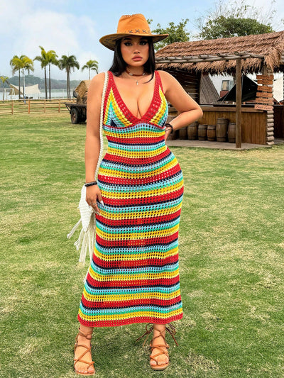 Vibrant Plus Size Rainbow Striped Maxi Dress