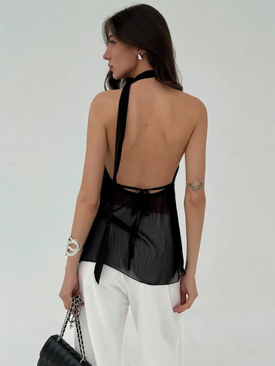 Glam Asymmetric Hem Backless Halter Neck Top