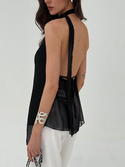 Glam Asymmetric Hem Backless Halter Neck Top