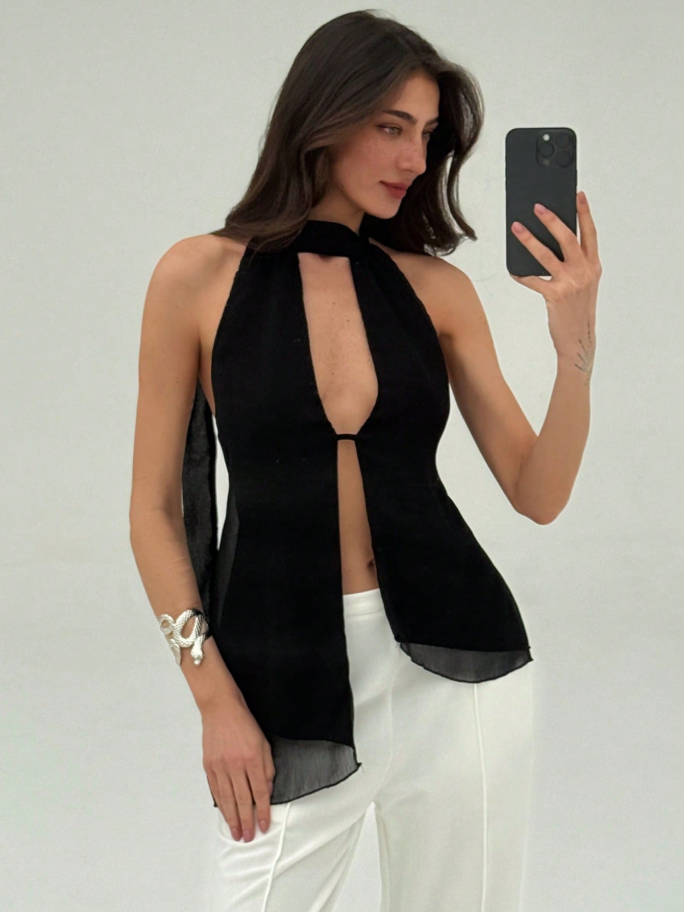 Glam Asymmetric Hem Backless Halter Neck Top