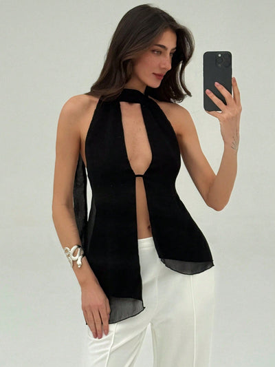 Glam Asymmetric Hem Backless Halter Neck Top
