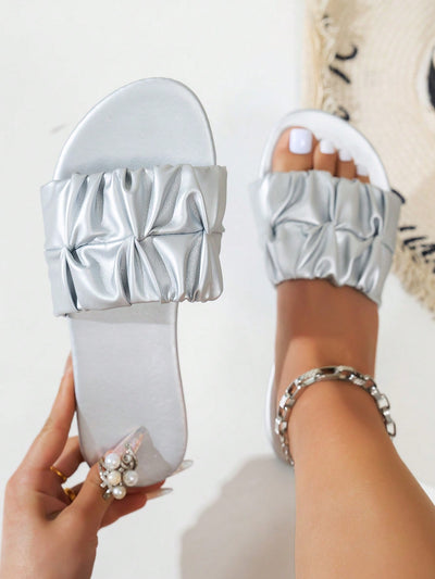 Elegant Wide Fit Square Toe Pleated Flat Sandals