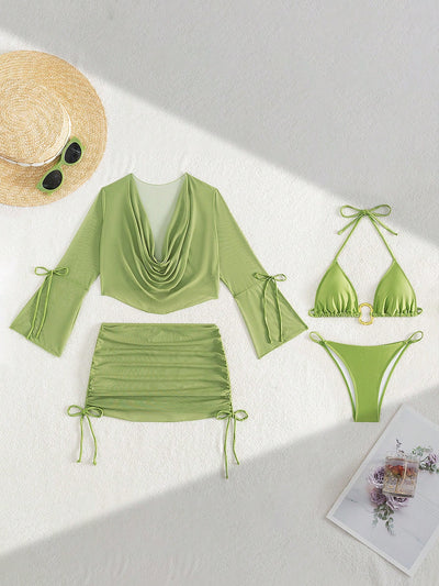 Elegant Solid Color Triangle Bikini Set with Cover-Up