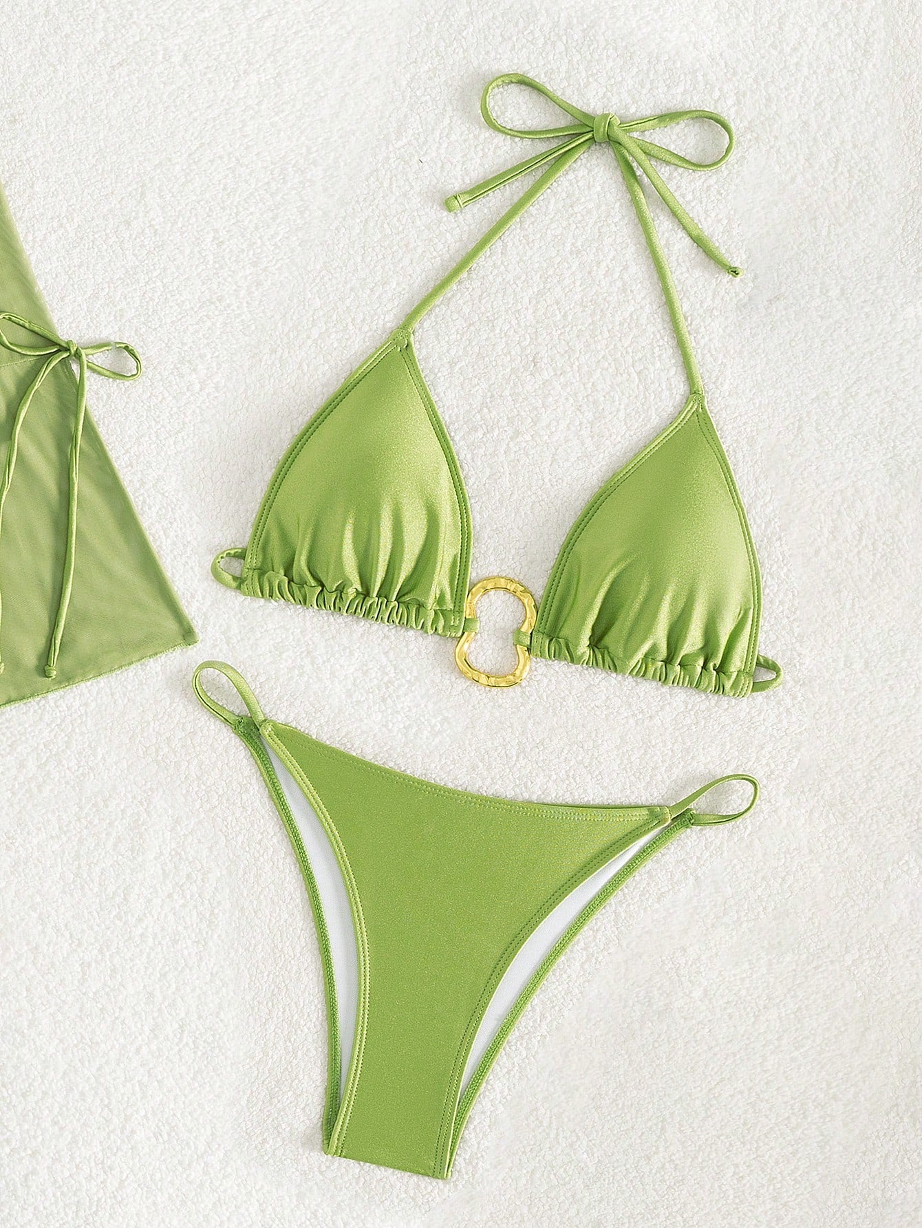 Elegant Solid Color Triangle Bikini Set with Cover-Up