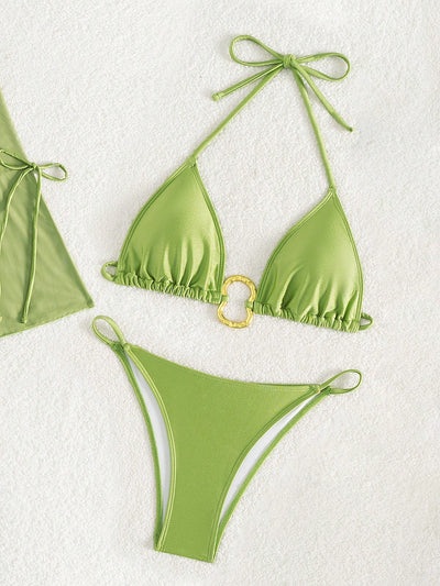 Elegant Solid Color Triangle Bikini Set with Cover-Up