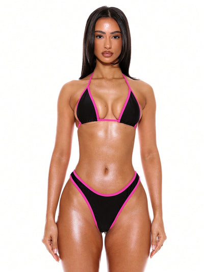 Chic Halterneck Contrast Trim Bikini Top