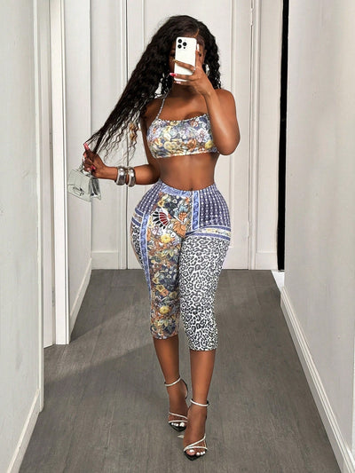 Fierce Blue Leopard Print Capri Leggings for Women