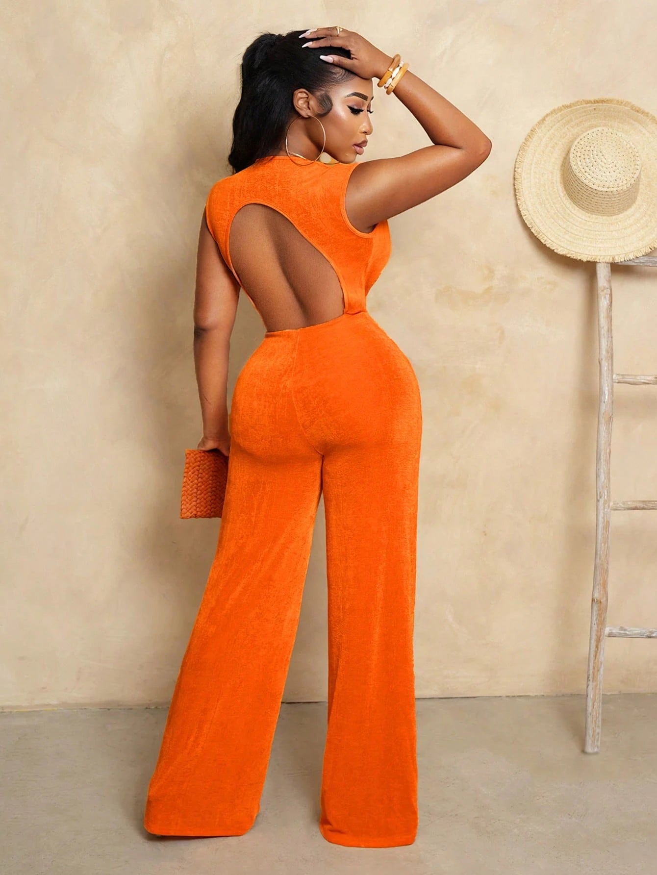 Vibrant Orange Backless Wide Leg Jumpsuit