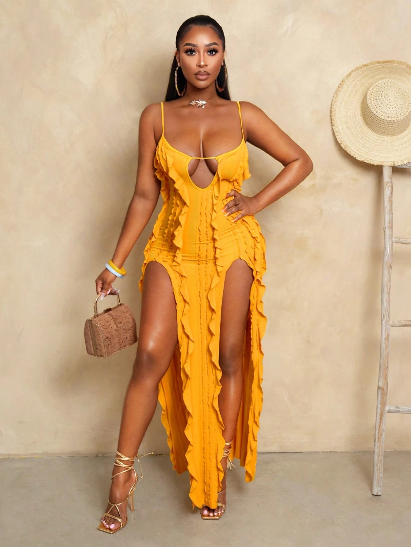 Elegant Yellow High Low Ruffle Hem Cami Dress