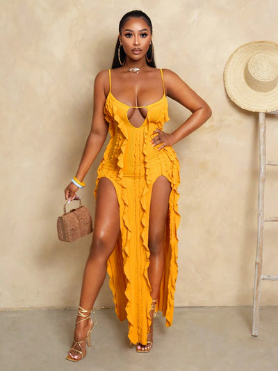 Elegant Yellow High Low Ruffle Hem Cami Dress