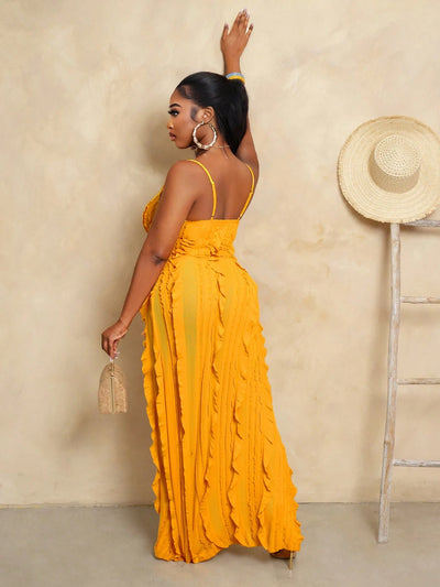 Elegant Yellow High Low Ruffle Hem Cami Dress
