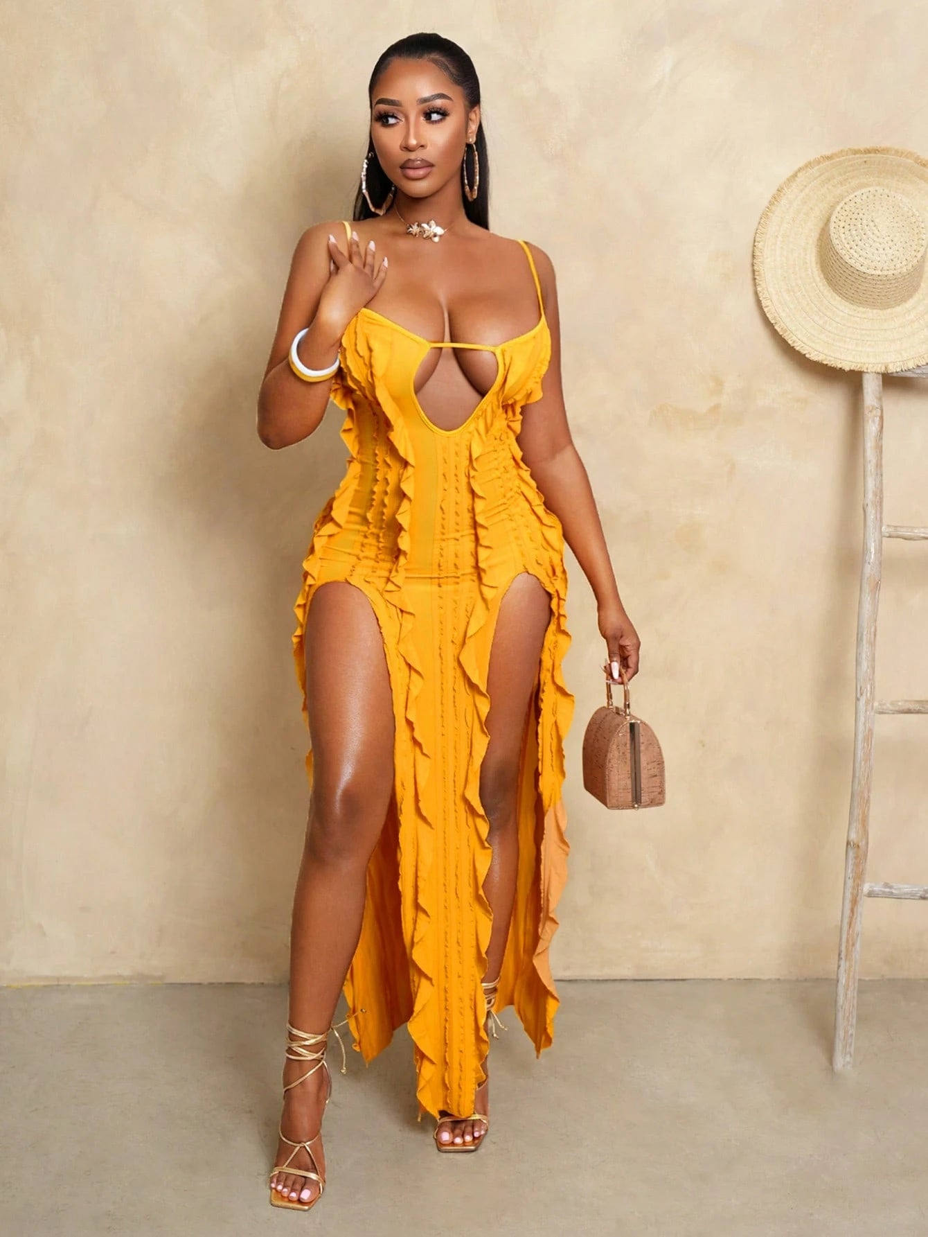Elegant Yellow High Low Ruffle Hem Cami Dress