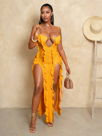 Elegant Yellow High Low Ruffle Hem Cami Dress