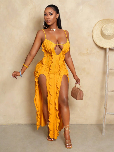 Elegant Yellow High Low Ruffle Hem Cami Dress