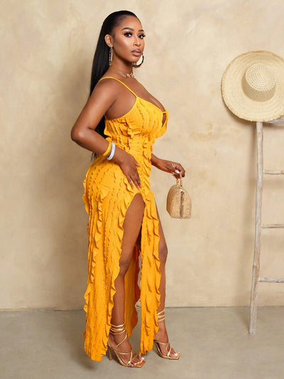 Elegant Yellow High Low Ruffle Hem Cami Dress
