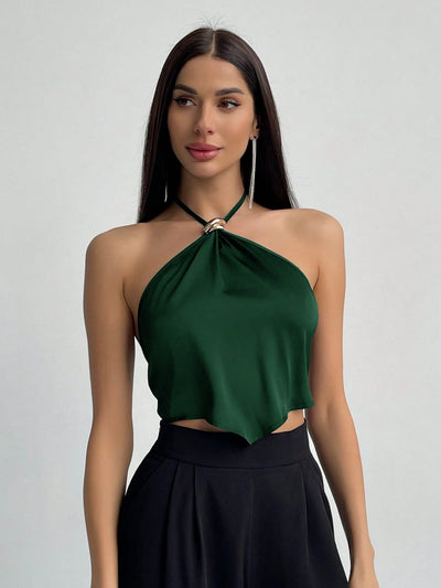 Metallic Detail Halter Neck Asymmetrical Top