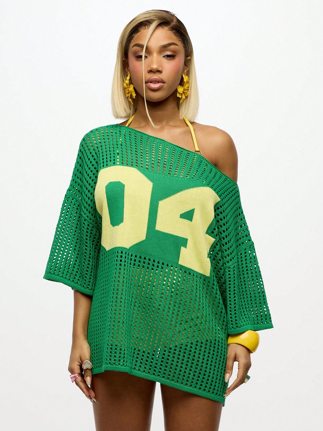 Vibrant Off Shoulder Crochet Mesh Oversized Top