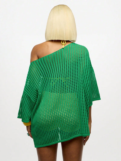 Vibrant Off Shoulder Crochet Mesh Oversized Top