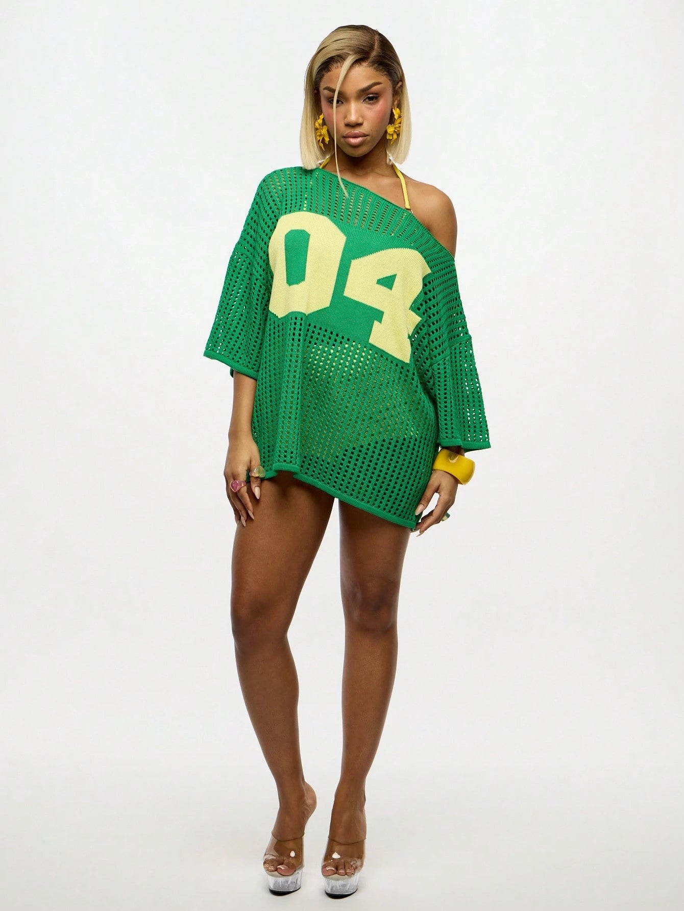Vibrant Off Shoulder Crochet Mesh Oversized Top