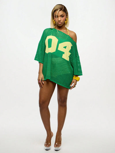 Vibrant Off Shoulder Crochet Mesh Oversized Top