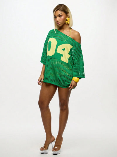 Vibrant Off Shoulder Crochet Mesh Oversized Top