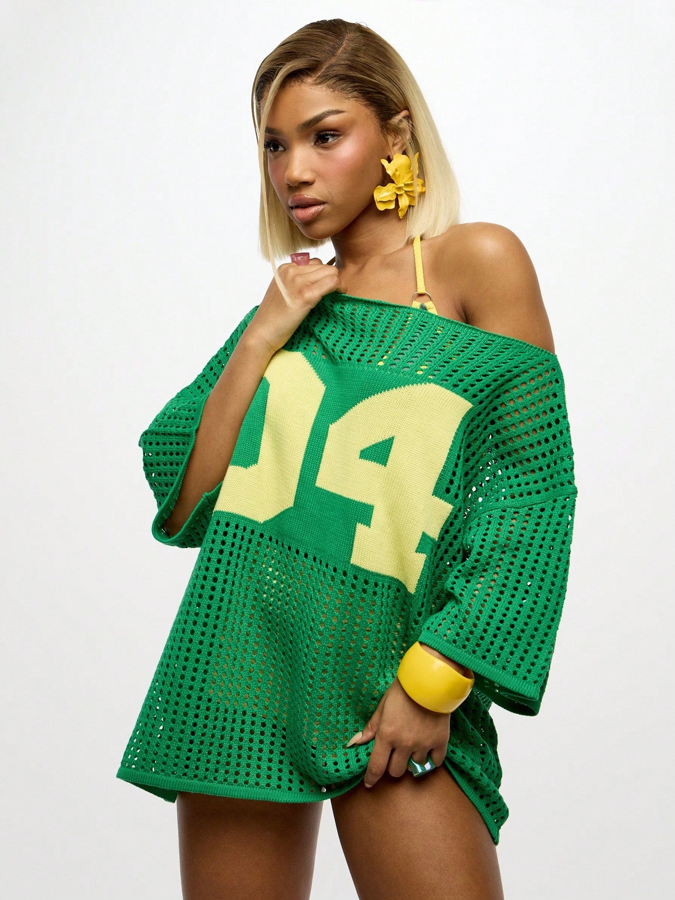 Vibrant Off Shoulder Crochet Mesh Oversized Top