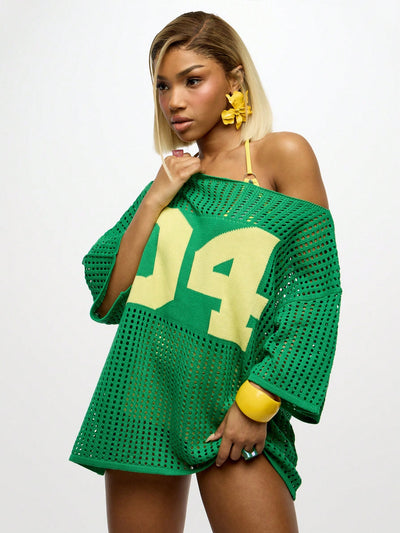 Vibrant Off Shoulder Crochet Mesh Oversized Top