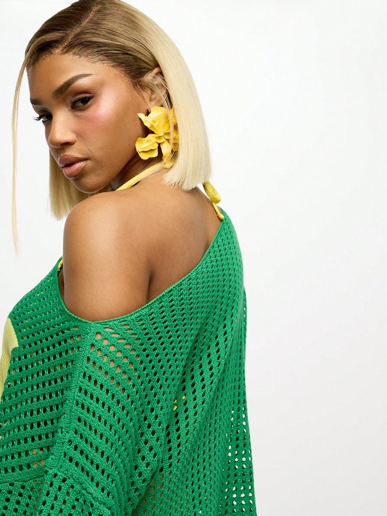 Vibrant Off Shoulder Crochet Mesh Oversized Top