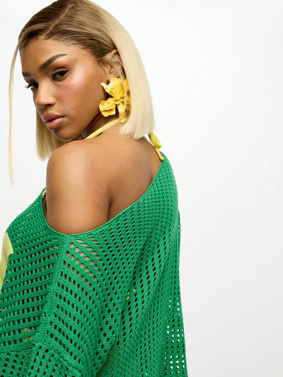 Vibrant Off Shoulder Crochet Mesh Oversized Top