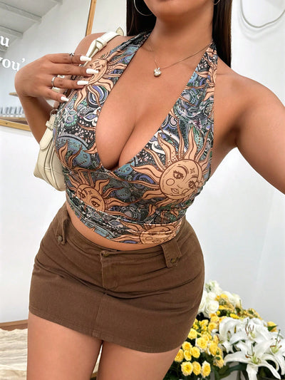 Plus Size Black Lace-Up Neck Halter Tank Top