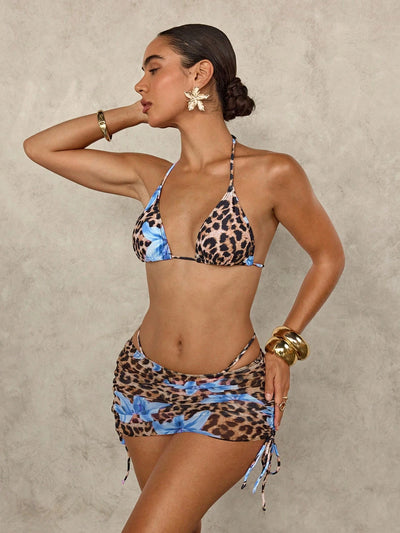 Bold Leopard & Floral Print 2-Piece Swimsuit Set