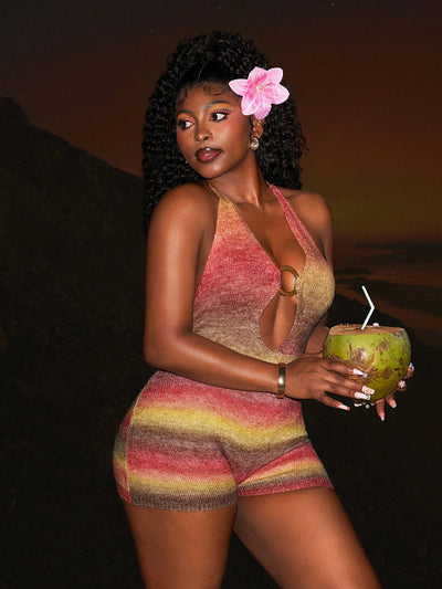 Earthy Brown Hollow-Out Suspender Shorts for Summer