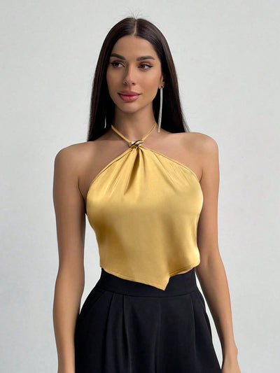 Metallic Detail Halter Neck Asymmetrical Top