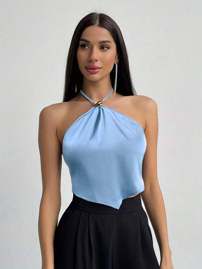 Metallic Detail Halter Neck Asymmetrical Top