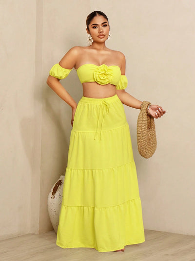 Vibrant Floral Bubble Sleeve Top & Skirt Set