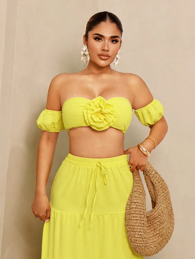 Vibrant Floral Bubble Sleeve Top & Skirt Set