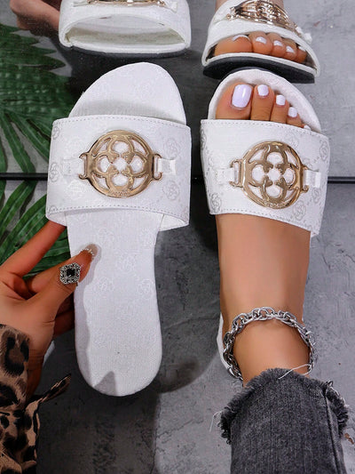 Khaki Embroidered Flower Flat Sandals for Effortless Style