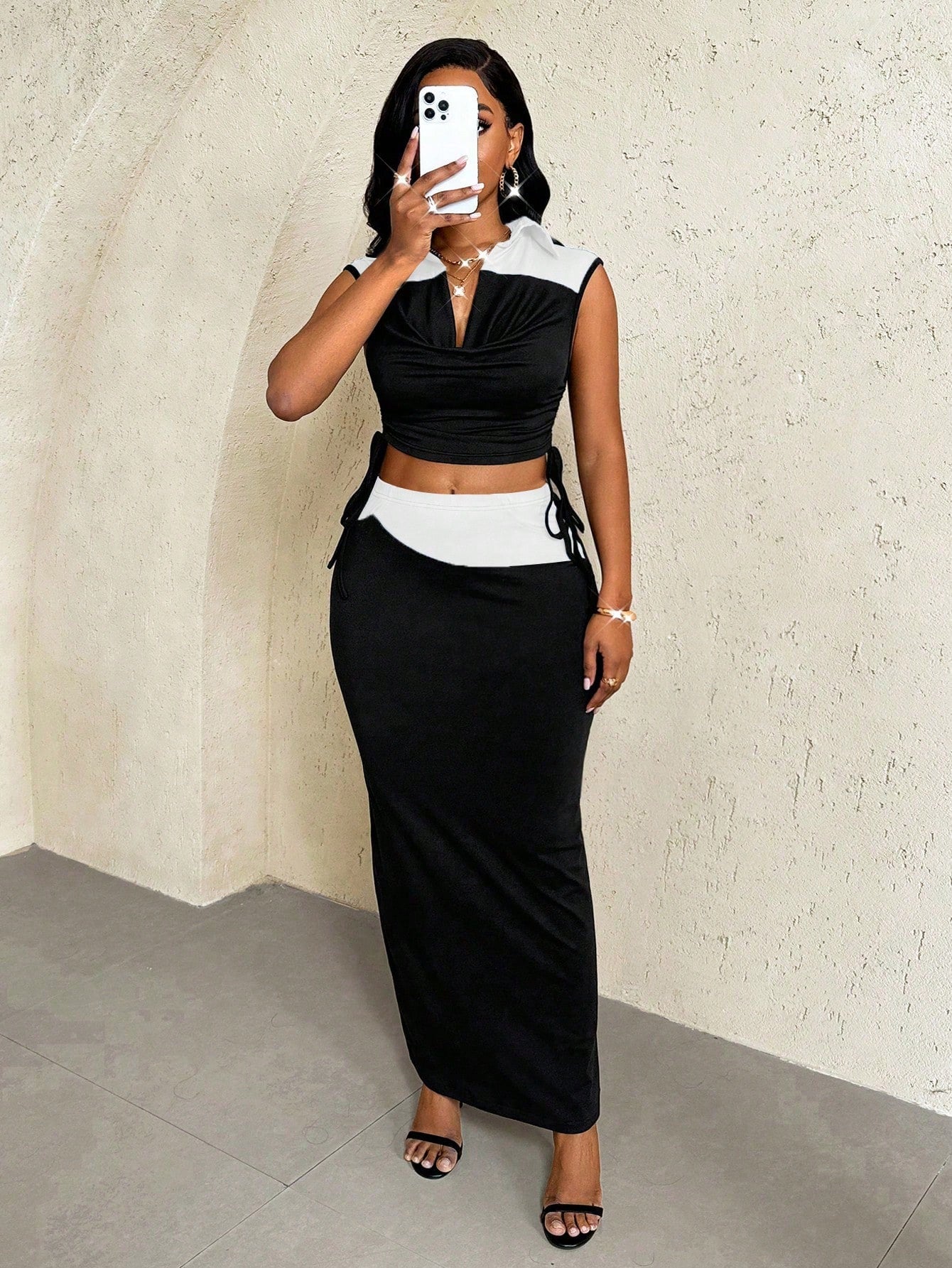 2025 Summer Contrast Deep V-Neck Set