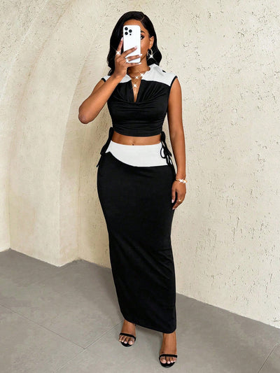 2025 Summer Contrast Deep V-Neck Set