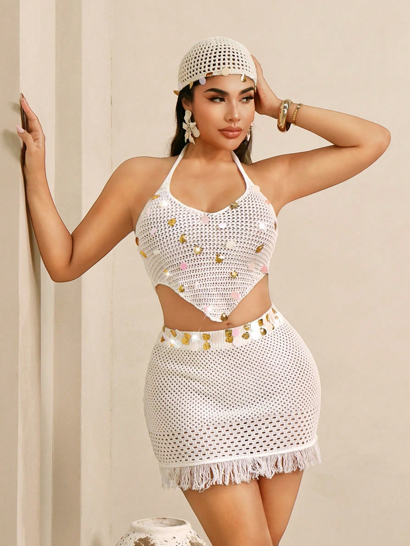 Women’s Glamorous Sequin Halter Knit Top
