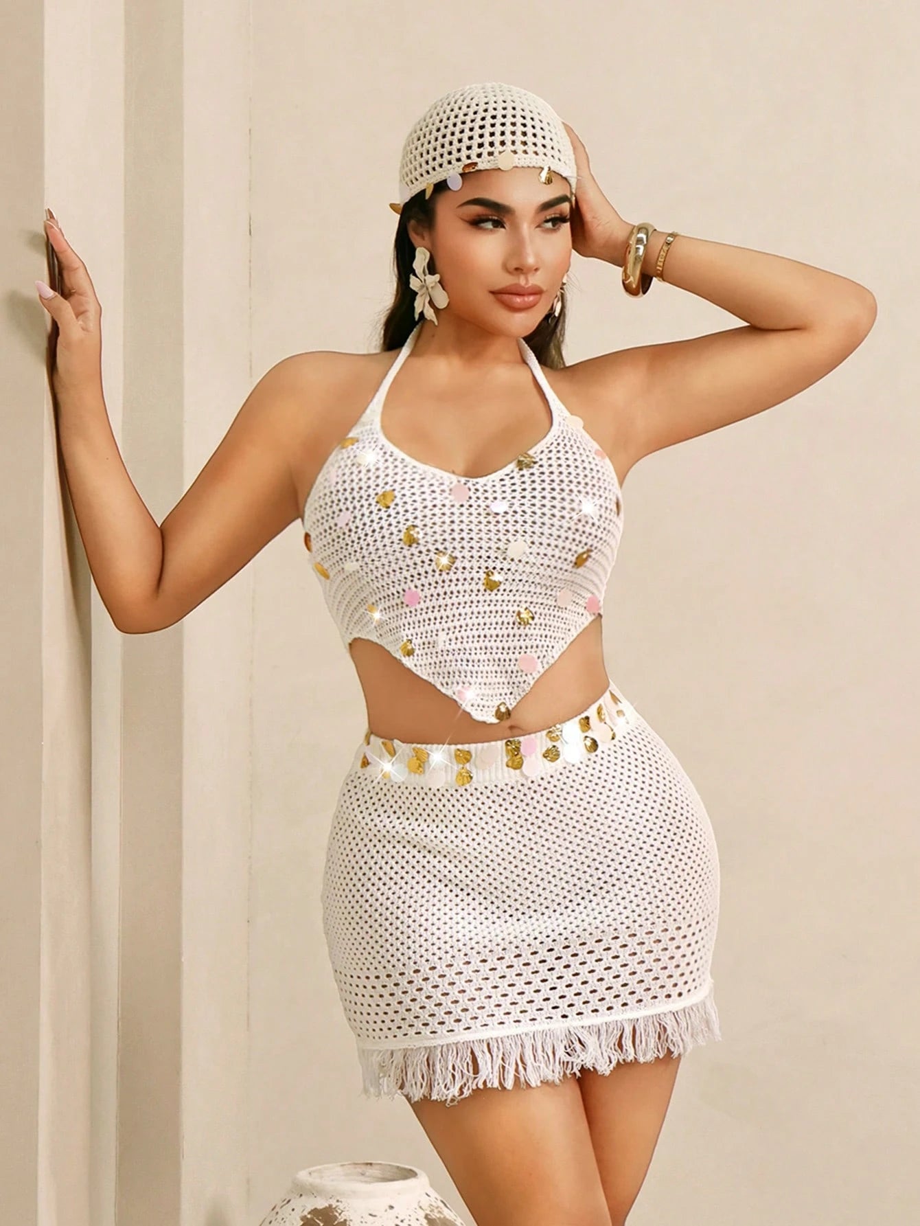 Women’s Glamorous Sequin Halter Knit Top